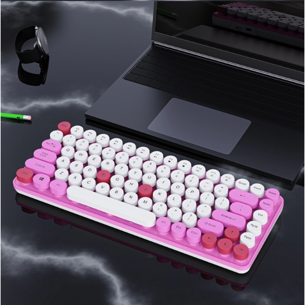 84 key 2.4G wireless keyboard, mixed color retro circular key keyboard, laptop rechargeable wireless keyboard