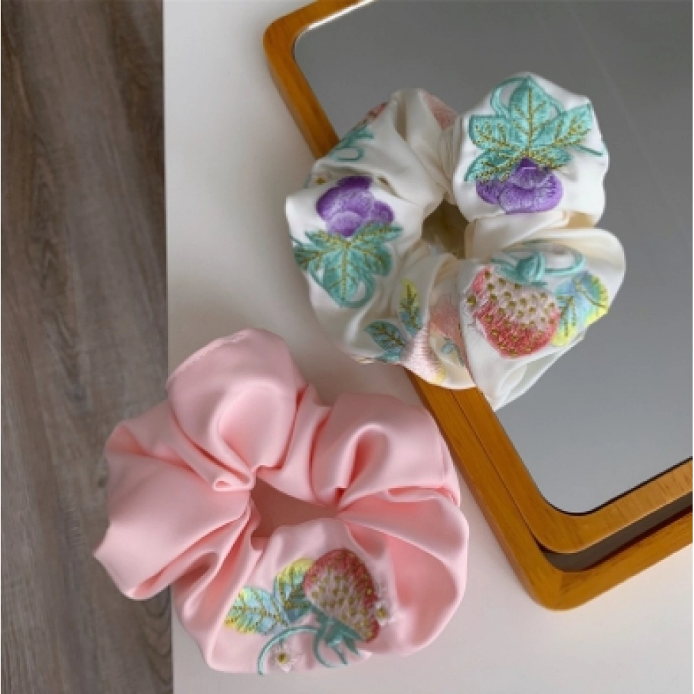 Embroidered Strawberry Grape Satin Texture Large Intestine Circle Fresh, Sweet, Elastic Hairstring Art Girl Hair Accessories