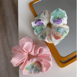 Embroidered Strawberry Grape Satin Texture Large Intestine Circle Fresh, Sweet, Elastic Hairstring Art Girl Hair Accessories