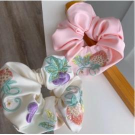 Embroidered Strawberry Grape Satin Texture Large Intestine Circle Fresh, Sweet, Elastic Hairstring Art Girl Hair Accessories