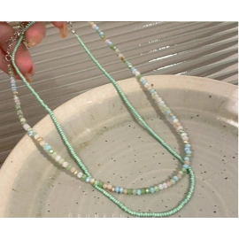 Mint Manbo~Green Beaded Necklace for Women in Summer, Double layered Neck Chain Accessories, Beach Dopamine Clavicular Chain